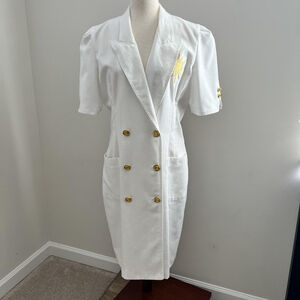 Vintage Danny & Nicole Dress 14 White Double Breasted Gold Buttons 80s Sun